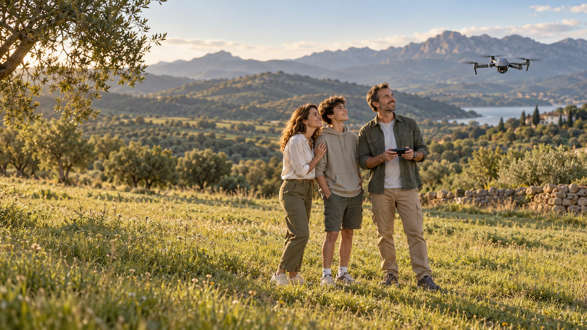 A family enjoys flying a drone together in an open countryside meadow.